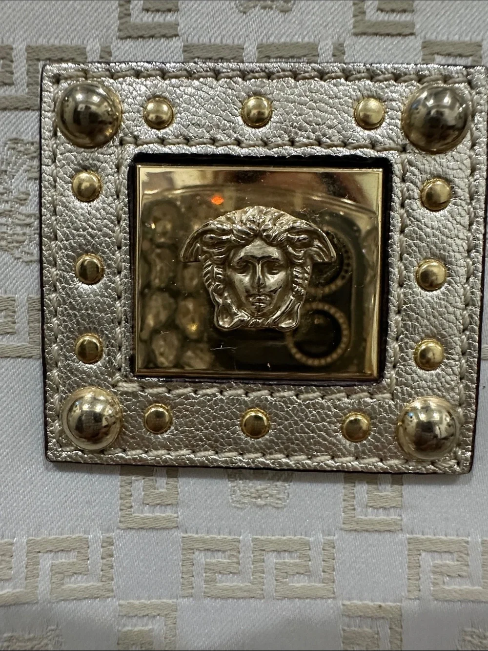 VERSACE Gold and Cream Logo Medusa & Greek key chain Satchel Handbag w/ lock-key